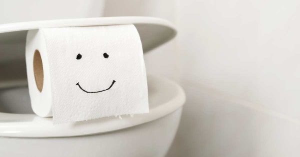 smiling toilet paper roll on toilet.