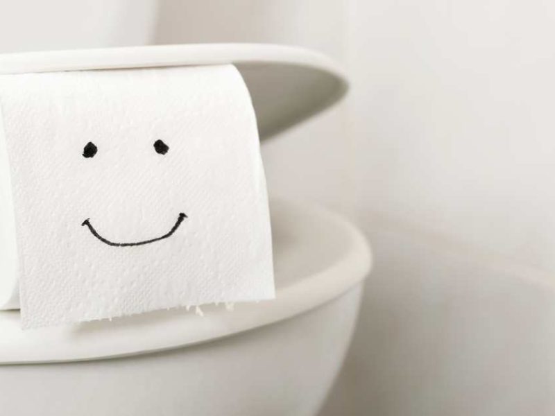 smiling toilet paper roll on toilet.