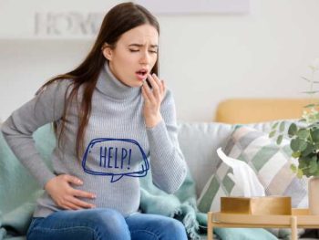 pregnant woman coughing with baby saying "help"