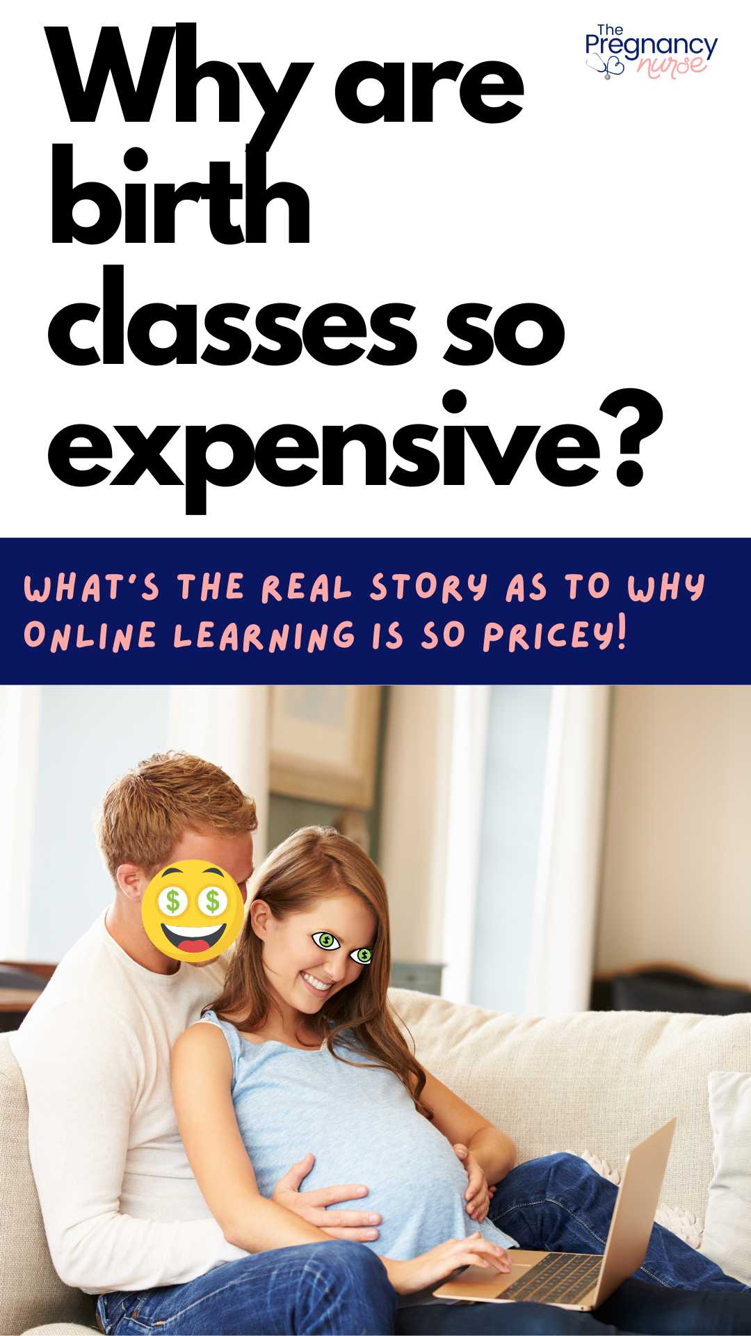 pregnant couple looking at a laptop with dollar sign eyes / why are birth classes so expensive? What’s the real story as to why online learning is so pricey!
