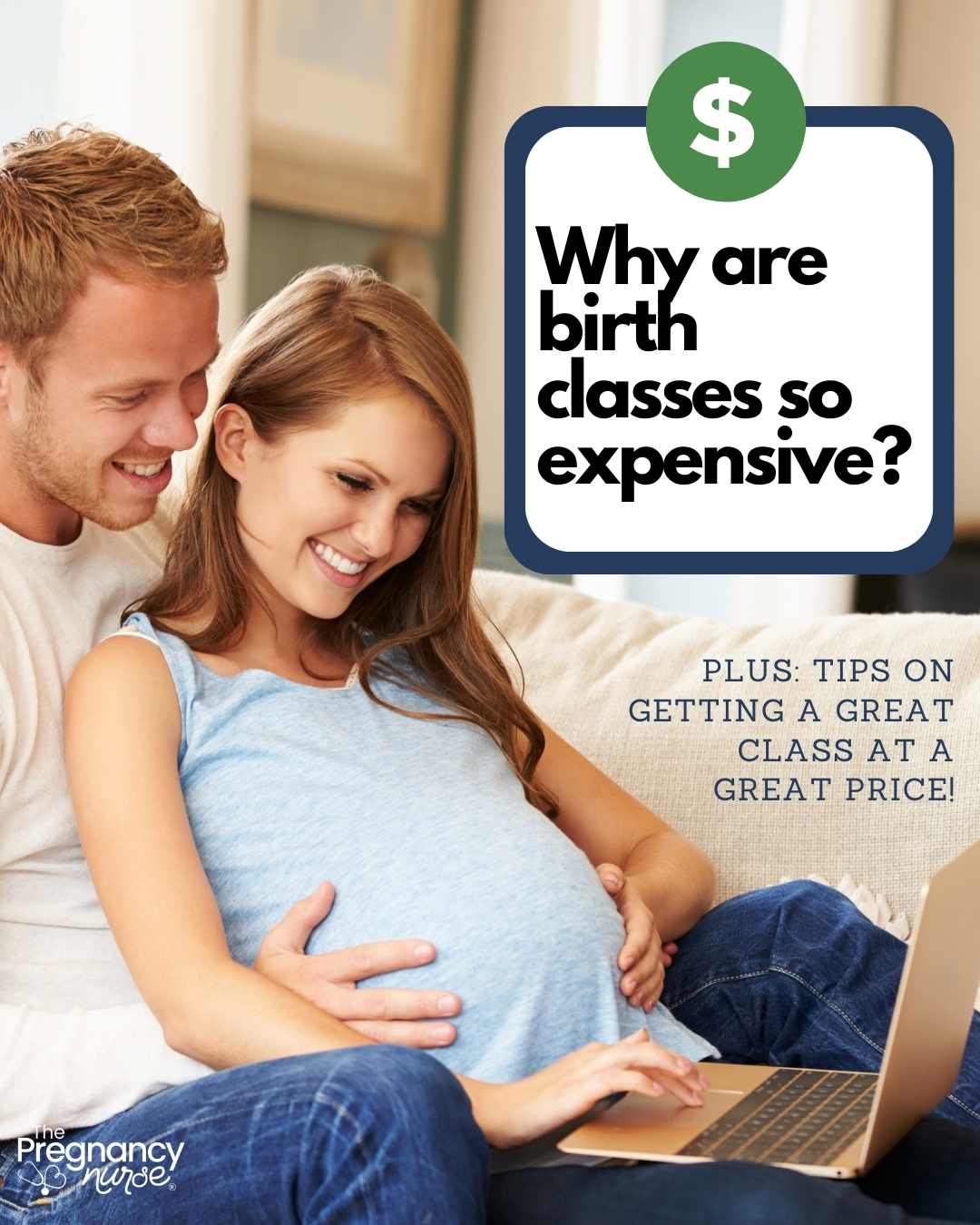 Pregnant couple looking at a laptop / why are birth classes so expensive plus tips on getting a great class at a great price!
