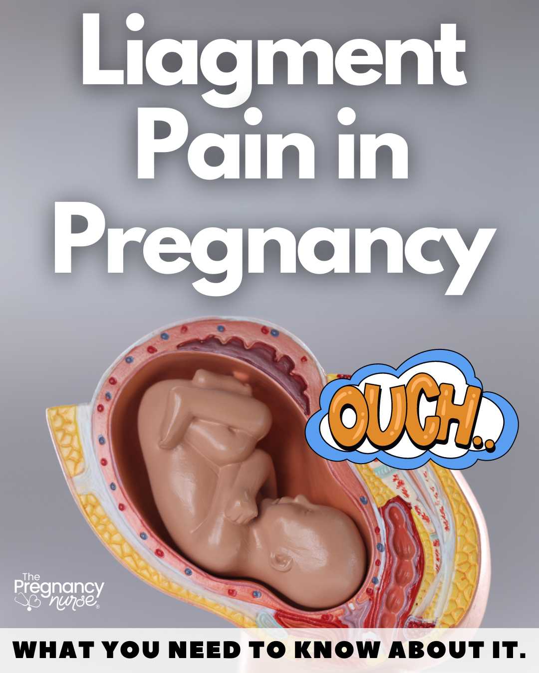 model of a pregnancy in an abdomen with the word "ouch" next to it -- "Ligament Pain in Pregnancy"