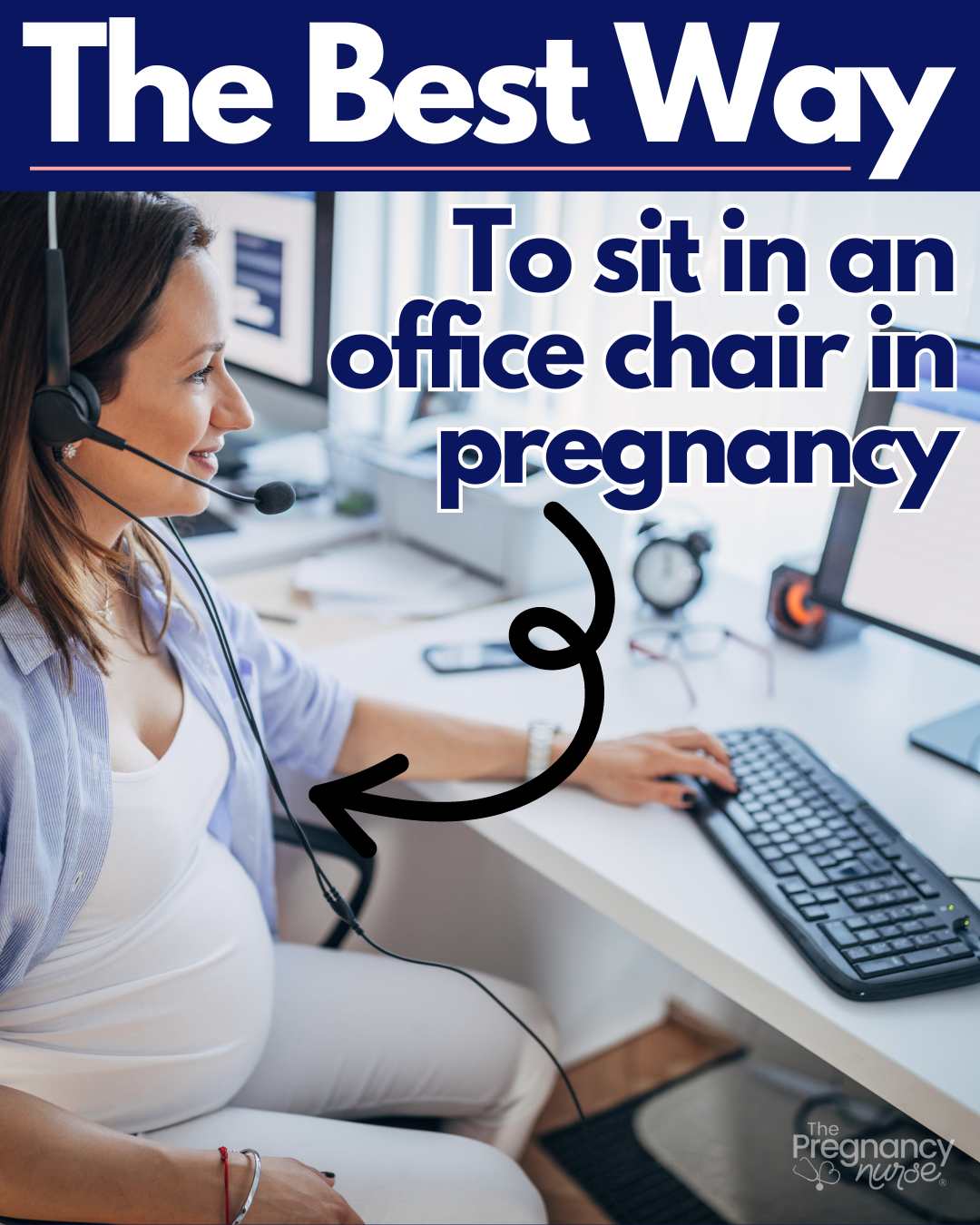 pregnant woman, office chair writing at desk. // the best way to sit in an office chair in pregnancy.