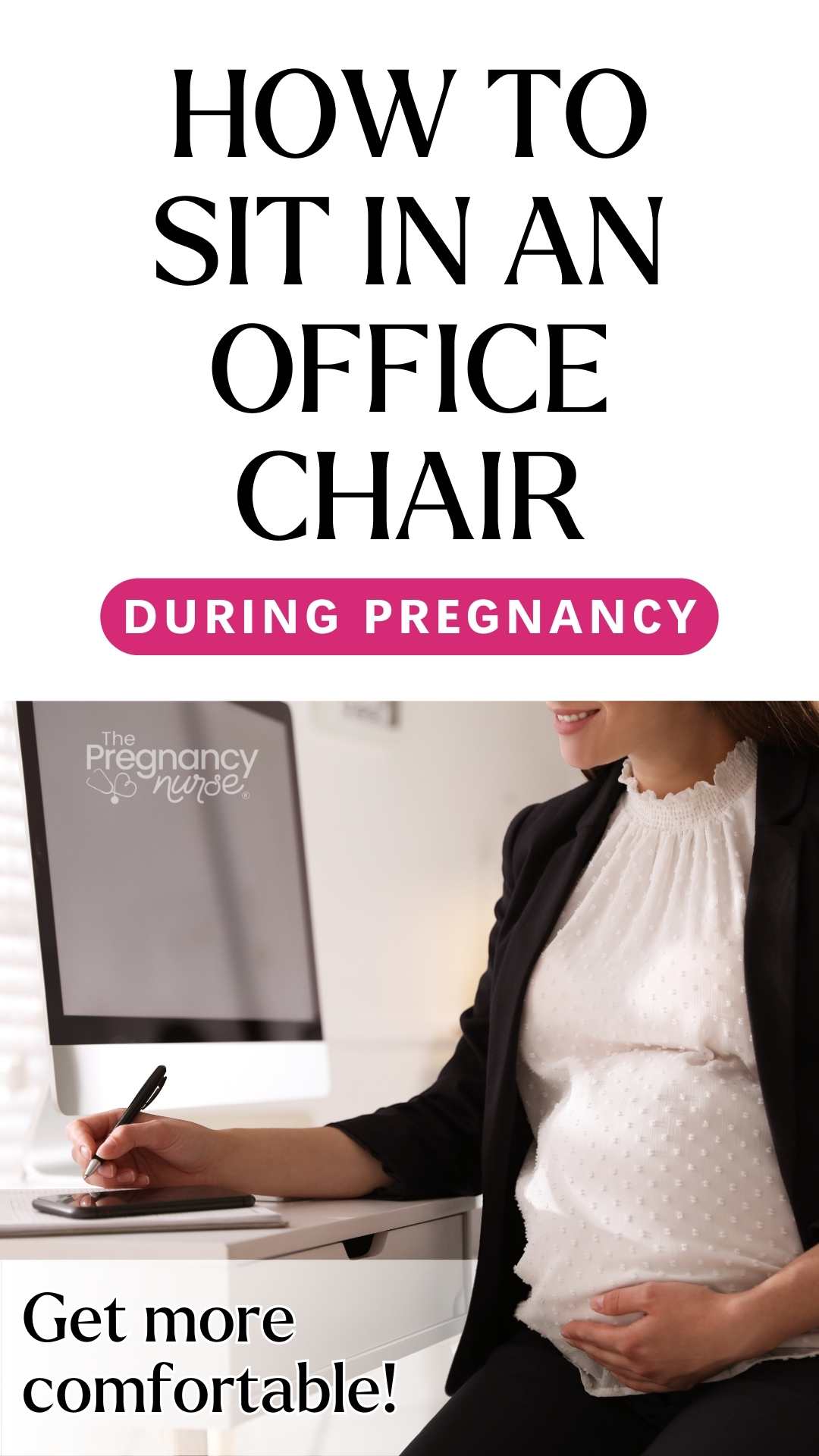 pregnant woman, office chair writing at desk. // how to sit in an office chair during pregnancy / get more comfortable!