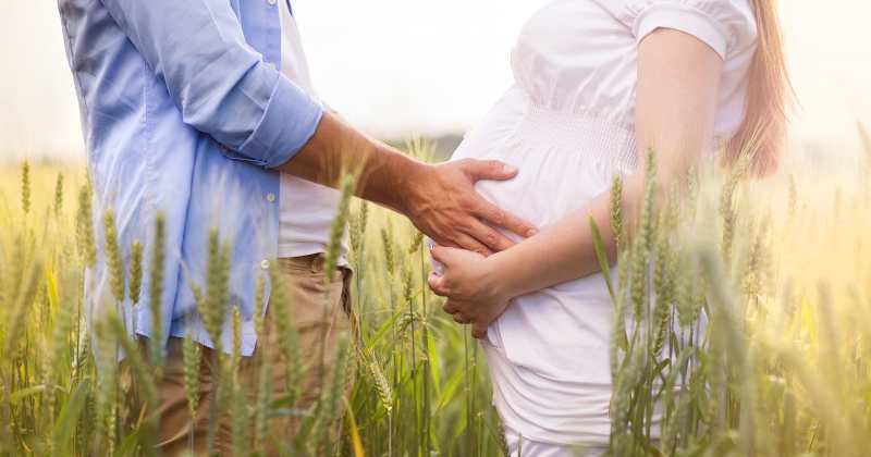 pregnant couple in a field of tall grass he's touching her belly