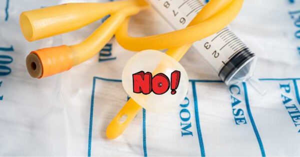 urinary catheter with the word "no" over the balloon.