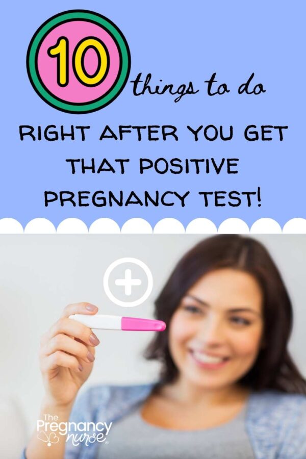 woman looking at a pregnancy test with a positive sign // 10 things to do right after you get that positive pregnancy test