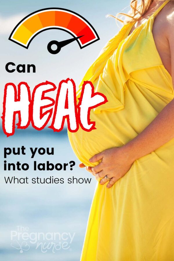 pregnant woman in a yellow dress on the beach // can heat put you into labor what studie show?