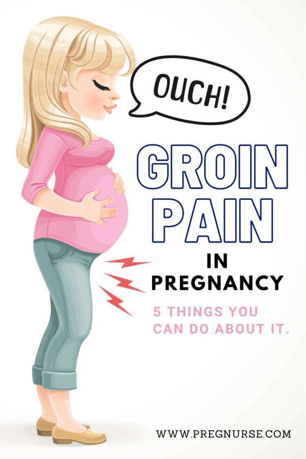 pregnant woman with groin pain saying "ouch" -- groin pain in pregnancy 5 things you can do about it.