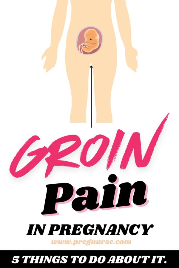 abdomen with an arrow pointing to the groin and a fetus growing // groin pain in pregnancy 5 thigns to do about it.