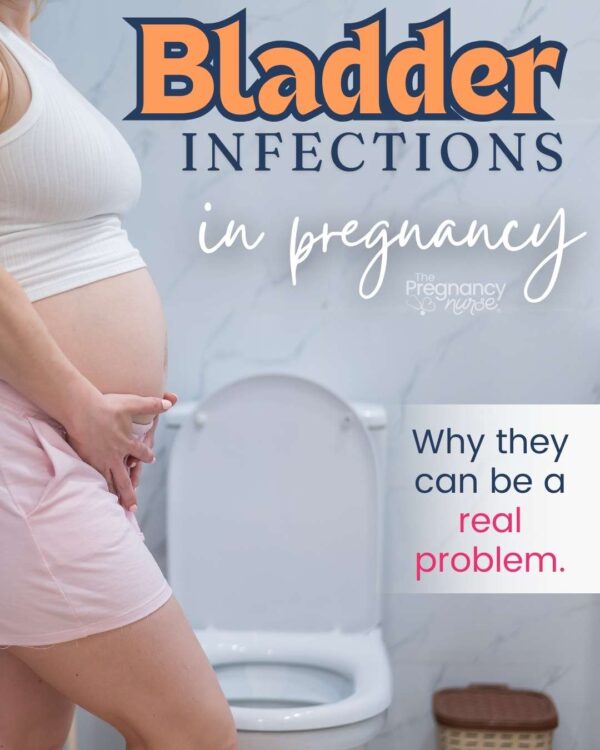 pregnant woman by a toilet // Bladder infections in pregnancy -- why they can be a real problem.