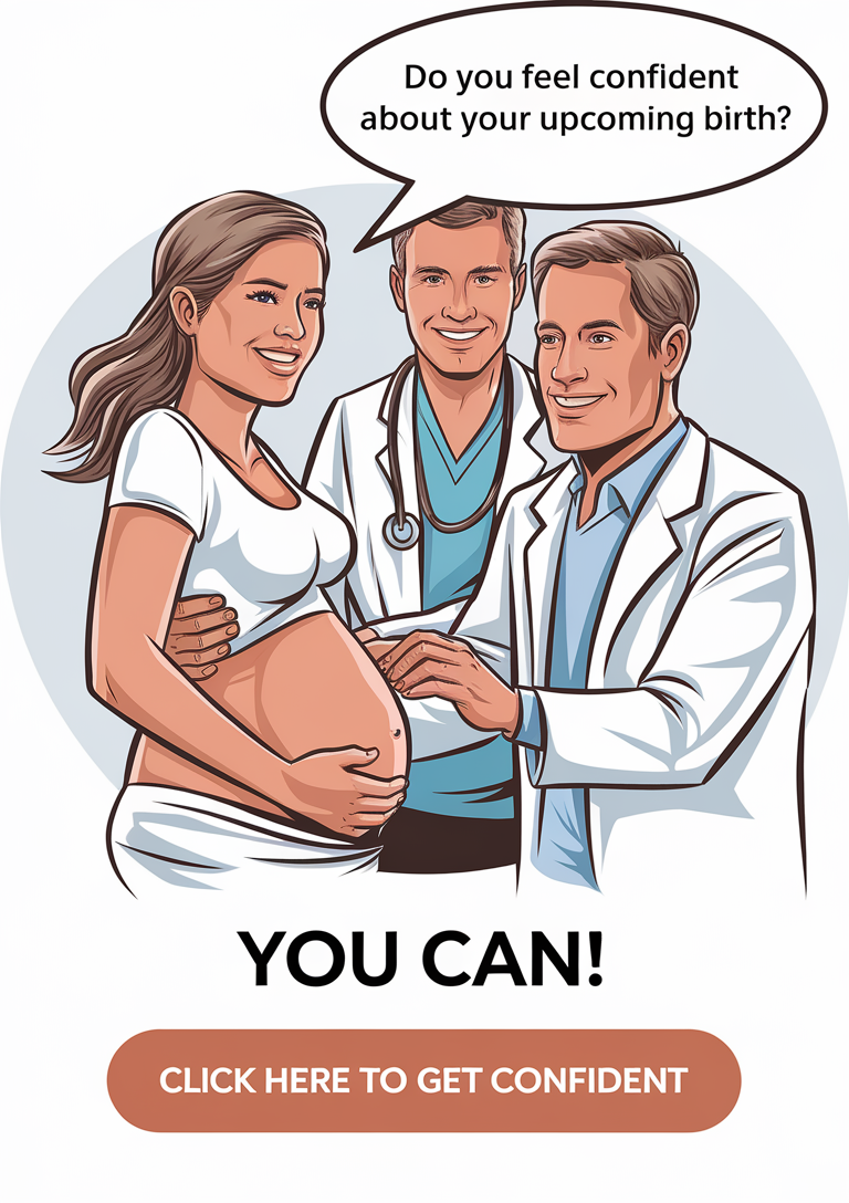 An illustration of a happy pregnant couple giving birth. The woman is in the process of giving birth, with a doctor assisting her. The man is holding the woman's hand. There is a speech bubble above the man's head that says "Do you feel CONFIDENT about your upcoming birth?" Below the image, there is a subtitle that says "You can!" There is a large "Click here to get confident" button below the subtitle.