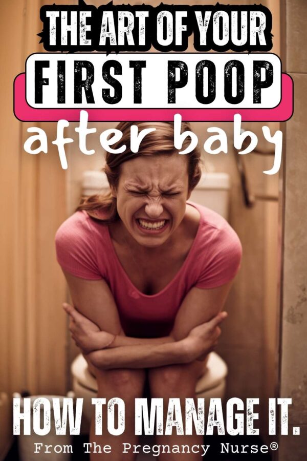 image of a postpartum mom in pain on the toilet // the art of your first poop after baby -- how to manage it from The Pregnancy Nurse®