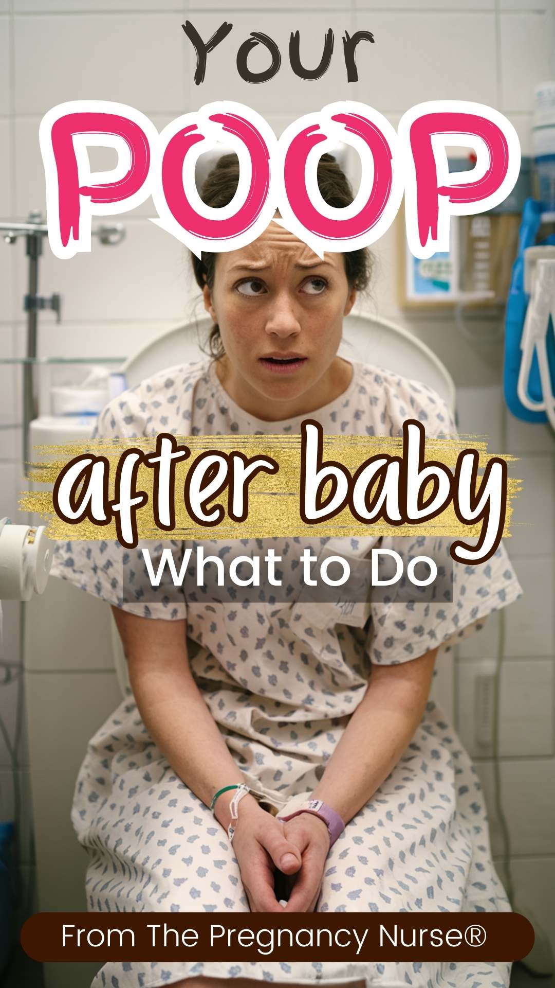 postpartum woman in pain on the toilet // your poop after baby what to do.