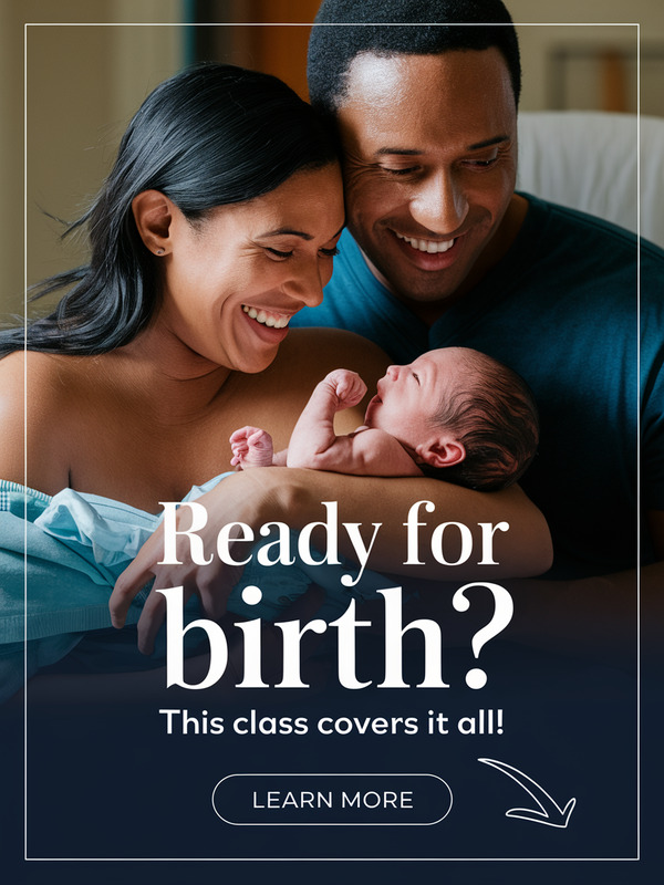 A blog post ad with a happy couple with their newborn right after birth. The woman is holding the baby, and the man is smiling. The background is a hospital room. There is a title "Ready for Birth?" and a subtitle "This Class Covers It All!". There is a LEARN MORE button with an arrow pointing to it.