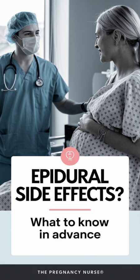 A pinterest pin with a pregnant woman at the hospital talking with an anesthesiologist. The anesthesiologist is wearing a mask and scrubs. The woman is wearing a hospital gown. There is a sign that says "Epidural Side Effects?" with a subtitle "what to know in advance". The text is bold and easy to read. The background is a hospital room with a window. The site name is "The Pregnancy Nurse®".