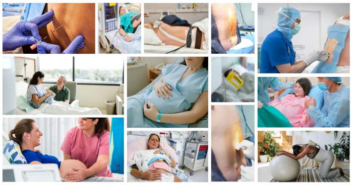 many images of a pregnant woman in the hospital getting an epidural