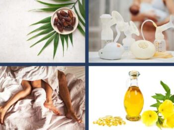 images of dates, breast pump, cuddling and primrose oil