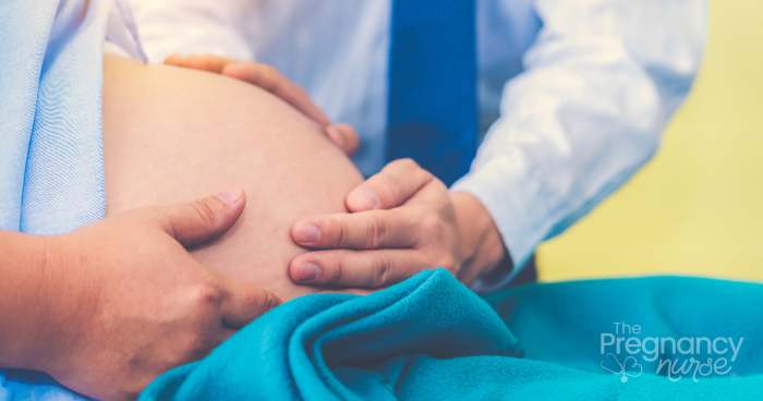 pregnant woman, doctor feeling belly.