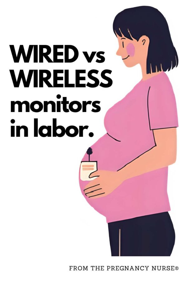 pregnant woman with a monitor on her belly // wired vs wireless monitors in labor