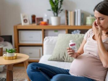 pregnant woman holding a bottle of tylenol