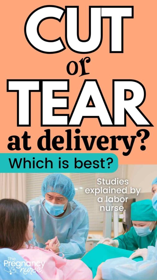 cut or tear at delivery, what is best? Pregnant woman pushing out a baby