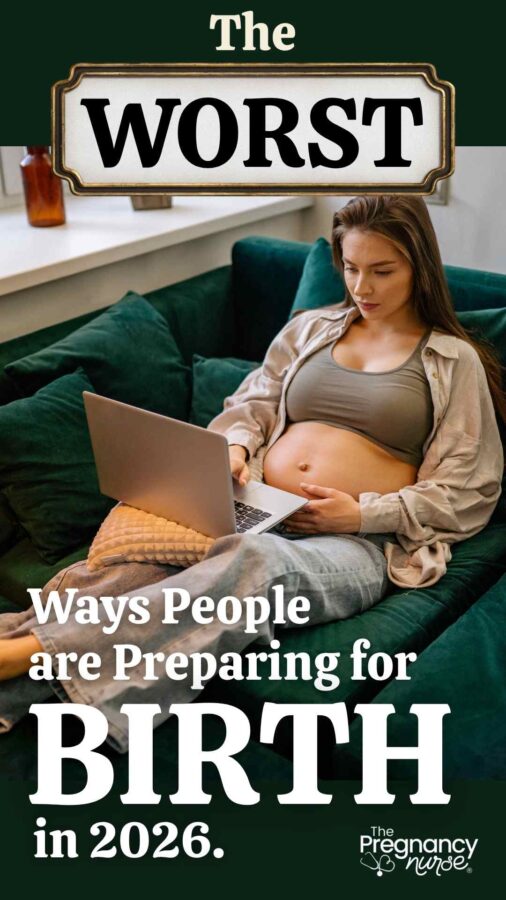 pregnant woman on laptop // the worst ways people are preparing for birth in 2026.