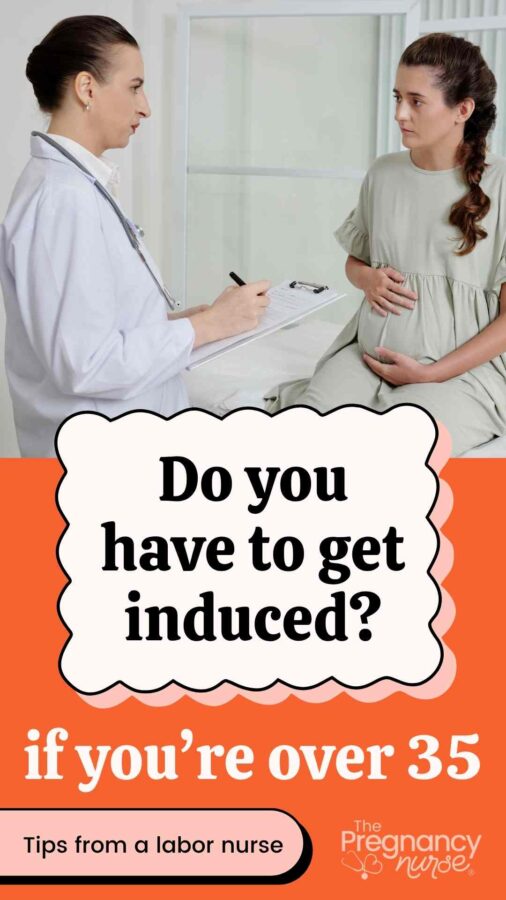 pregnant woman, talking to her doctor // do you have to get induced if you're over 35